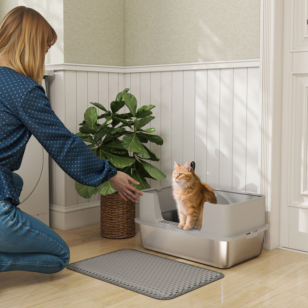PawHut One Size Grey Stainless Steel High Sided Cat Litter Tray with Scoop Image 2