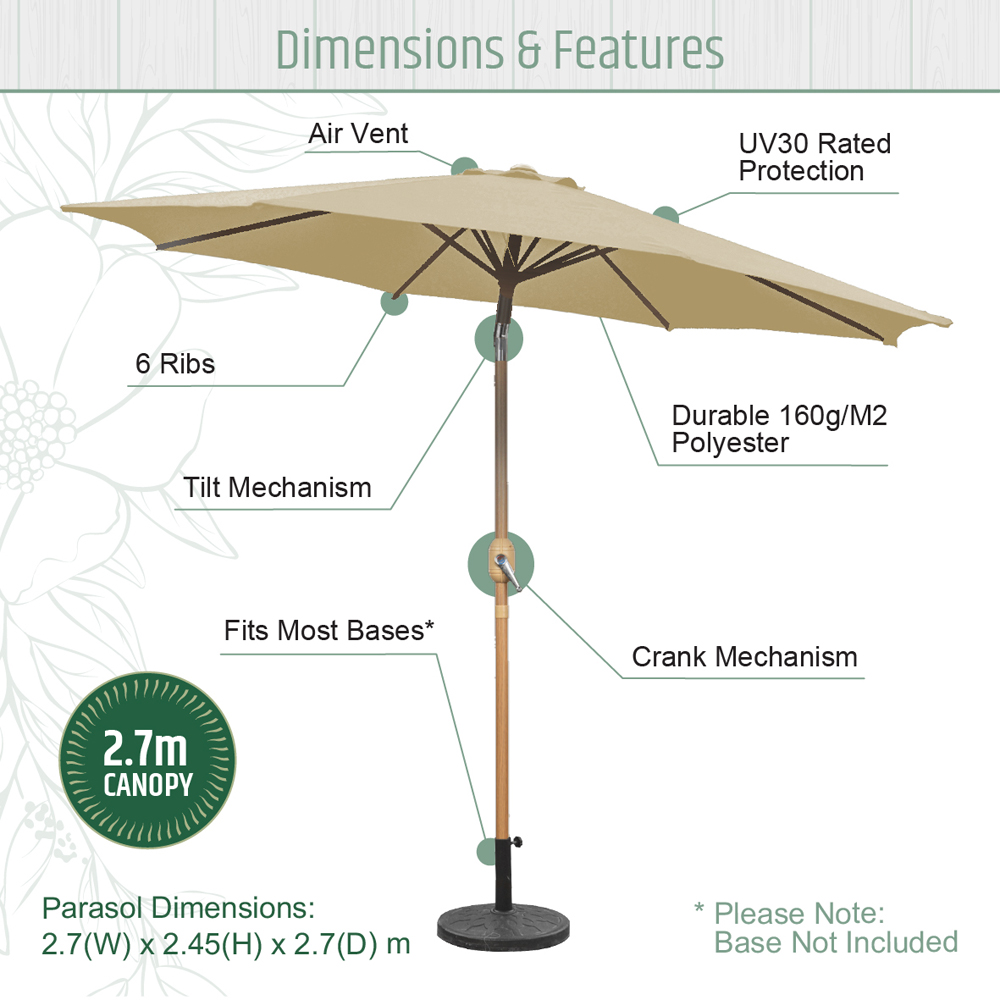 Gardenkraft Beige Crank and Tilt Wooden Parasol 2.7m Image 9
