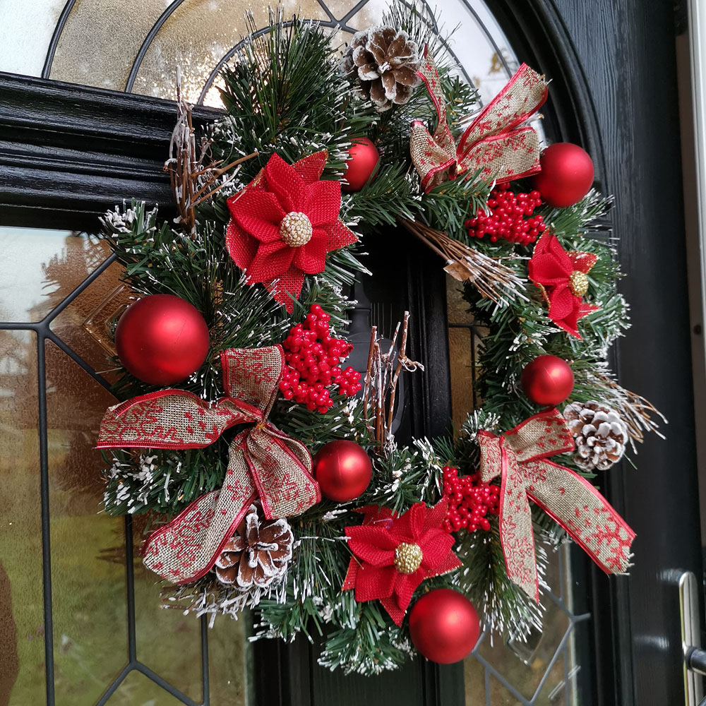 Premier Red Dressed Christmas Wreath with Baubles Bows and Pinecones 40cm Image 4