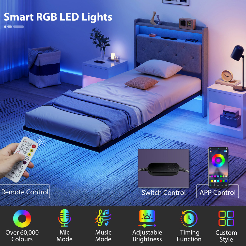 Portland Single Grey Upholstered Floating Bed Frame with RGB LED Lights Image 5