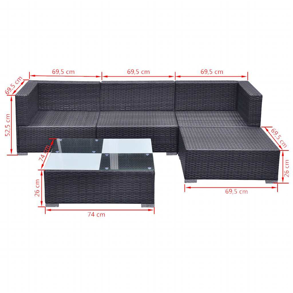 Walplus 5 Piece Black Poly Rattan Garden Lounge Set with Cushions Image 9