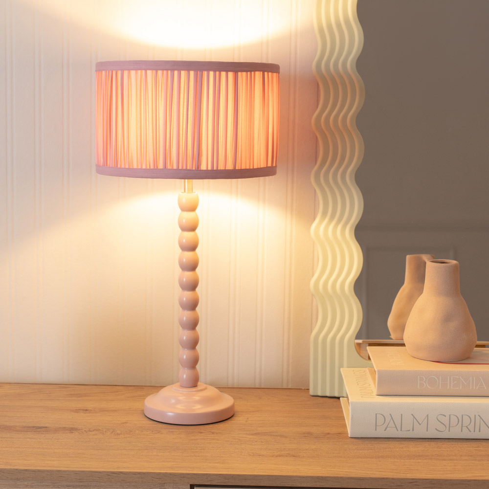 ValueLights Bobbins Ruched Pleated Blush Pink Drum Shade Painted Rose LED Table Lamp Image 2