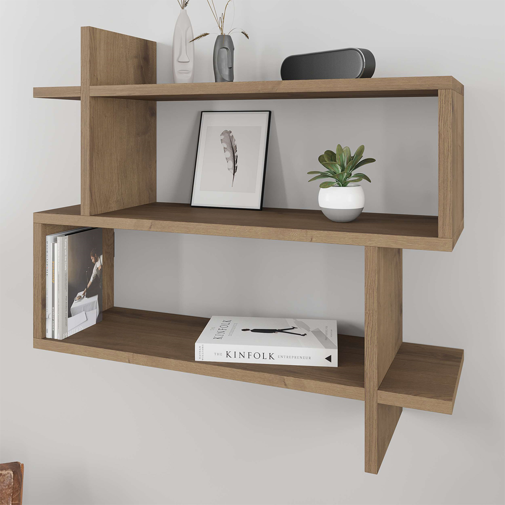 Decortie Paralel Dark Oak Effect Wall Mounted Bookcase Display Unit Image 1