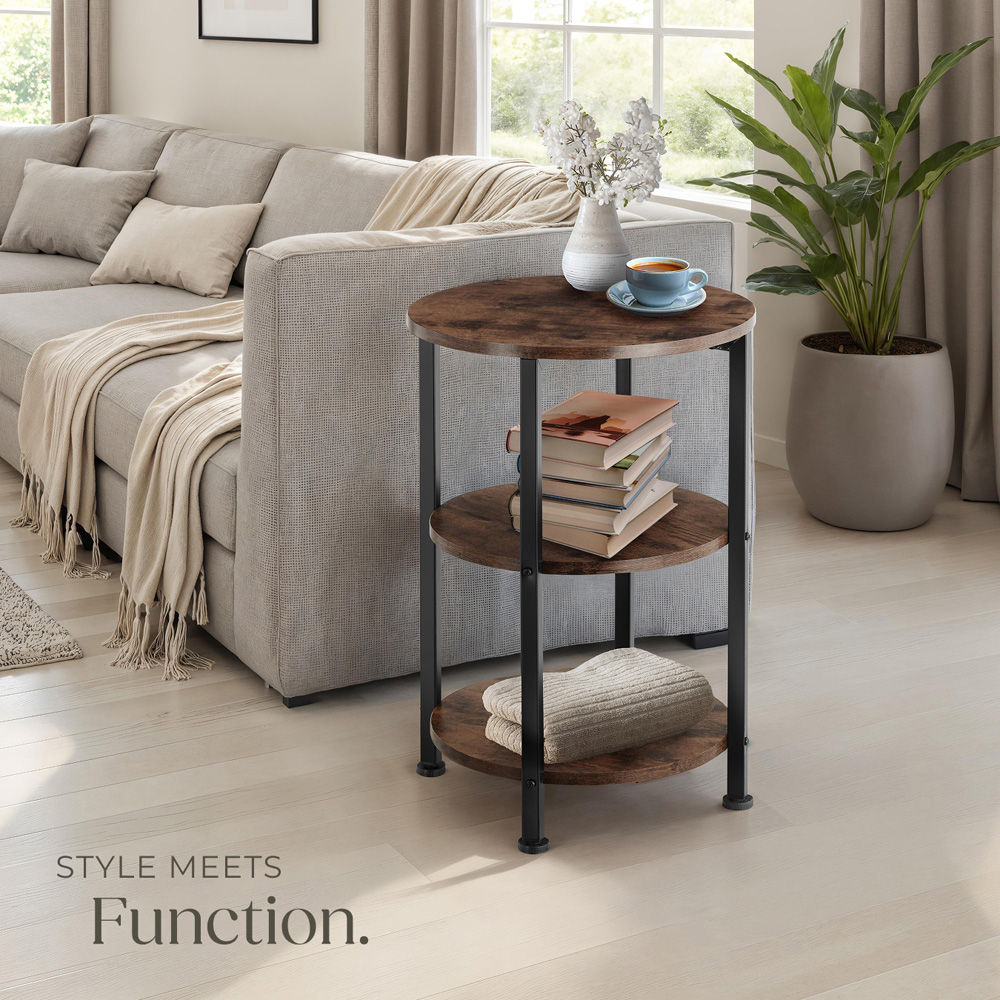 Tectake Colchester 2 Shelf Rustic Dark Wood Round Bedside Table Image 7