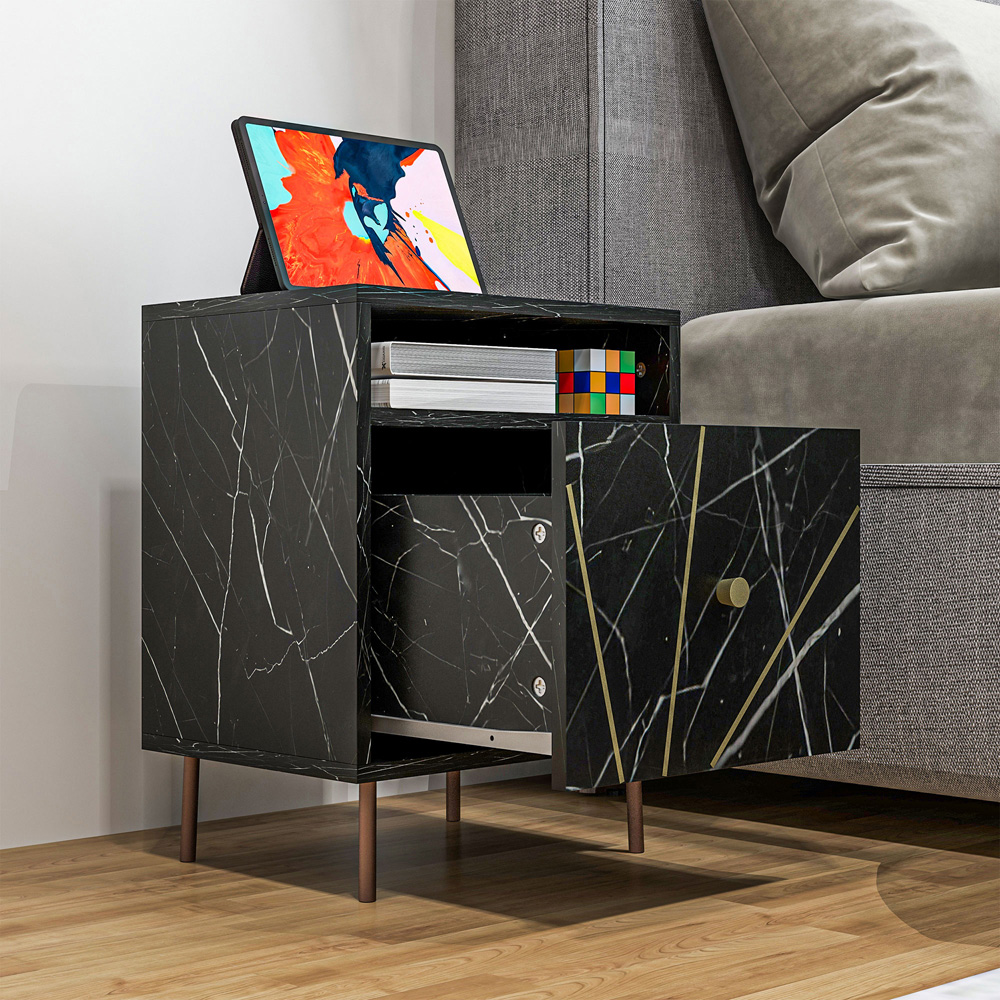 Portland Single Drawer Single Shelf Black Marble Bedside Table Image 3