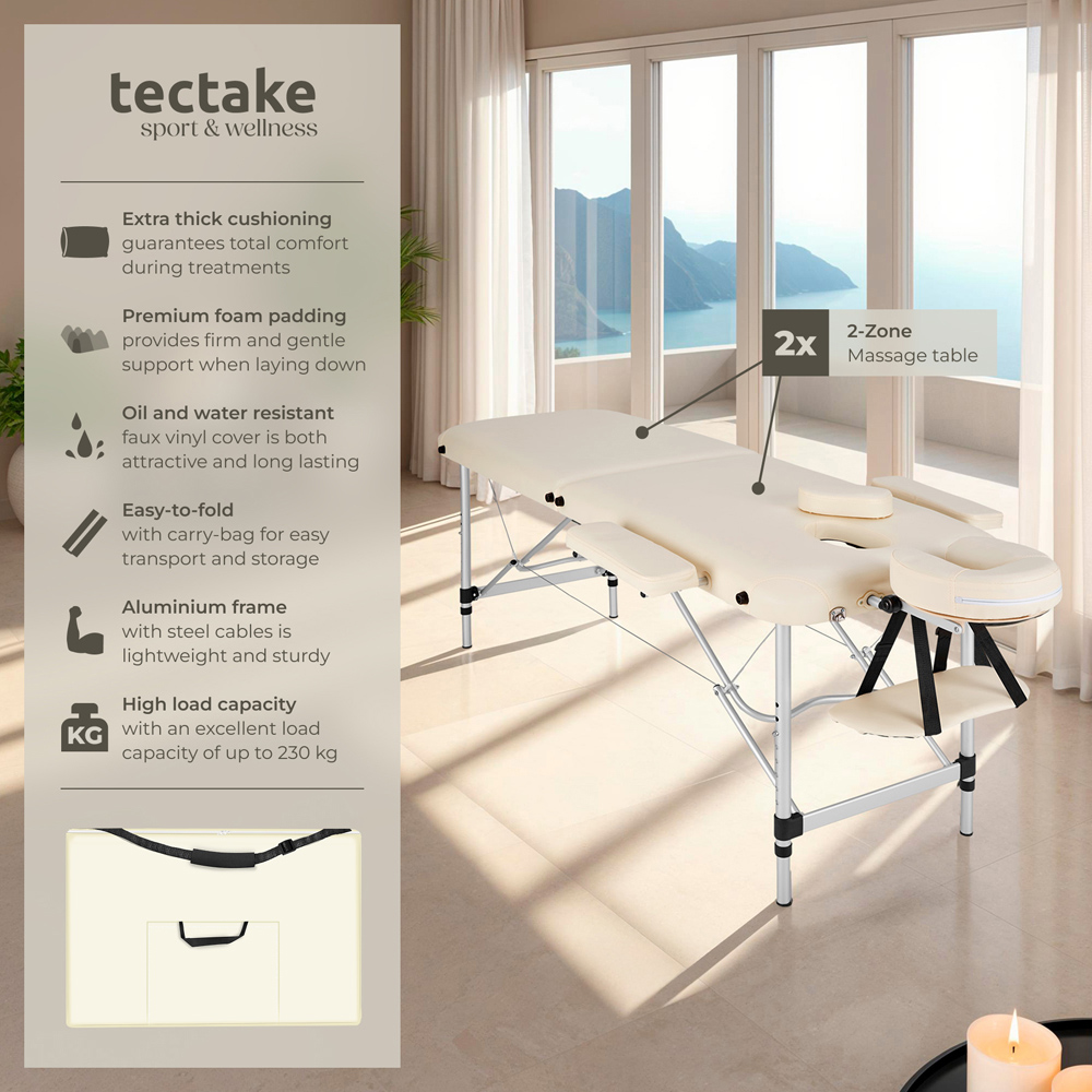 Massage Table - 2-zone bed, aluminium frame, with carry bag, head- and armrests - Beige Image 7