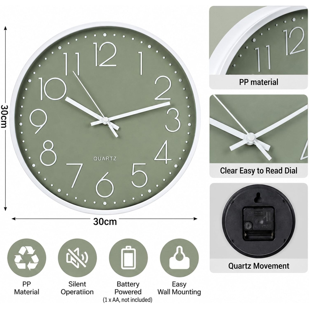 Marco Paul Sage Green Round Wall Clock 30cm Image 8