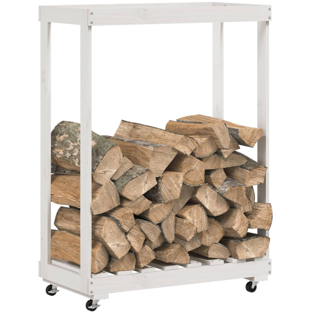 vidaXL White Solid Pine Wood Log Holder with Wheels 76.5 x 40 x 108cm Image 2