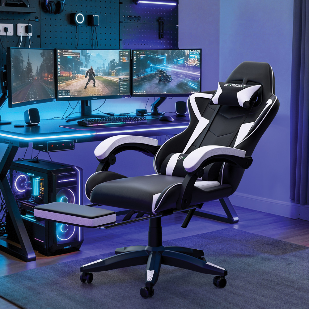 Rattrix White Height Adjustable Gaming Chair with Footrest and Lumbar Cushion Image 3
