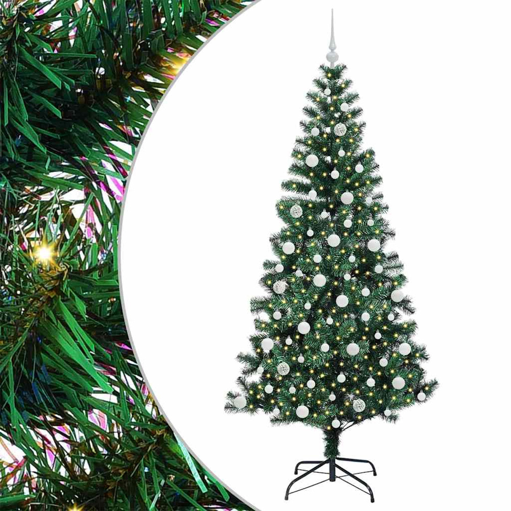 vidaXL Pre-Lit White Baubles Green Artificial Christmas Tree 7ft Image 2