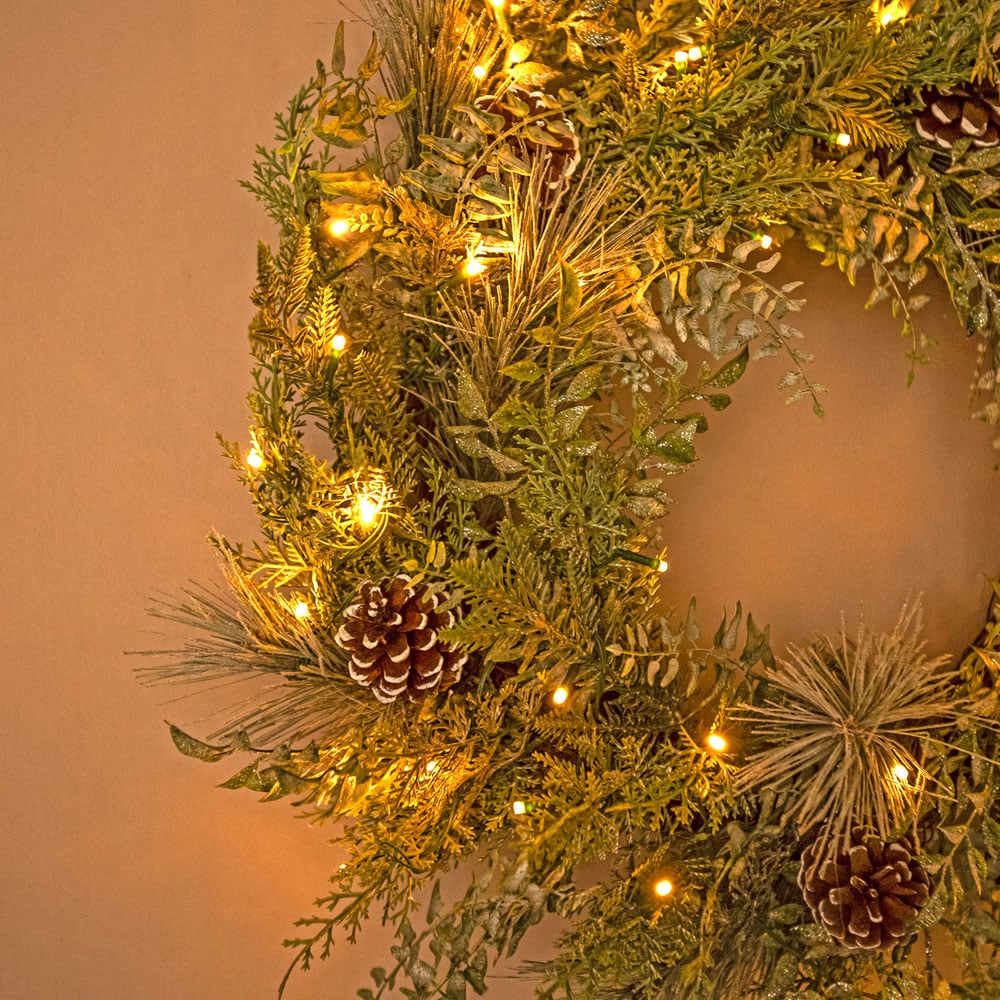 The Christmas Centre 50 Warm White LED Pre-Lit Winter Woodland Wreath with Pinecones 66cm Image 3