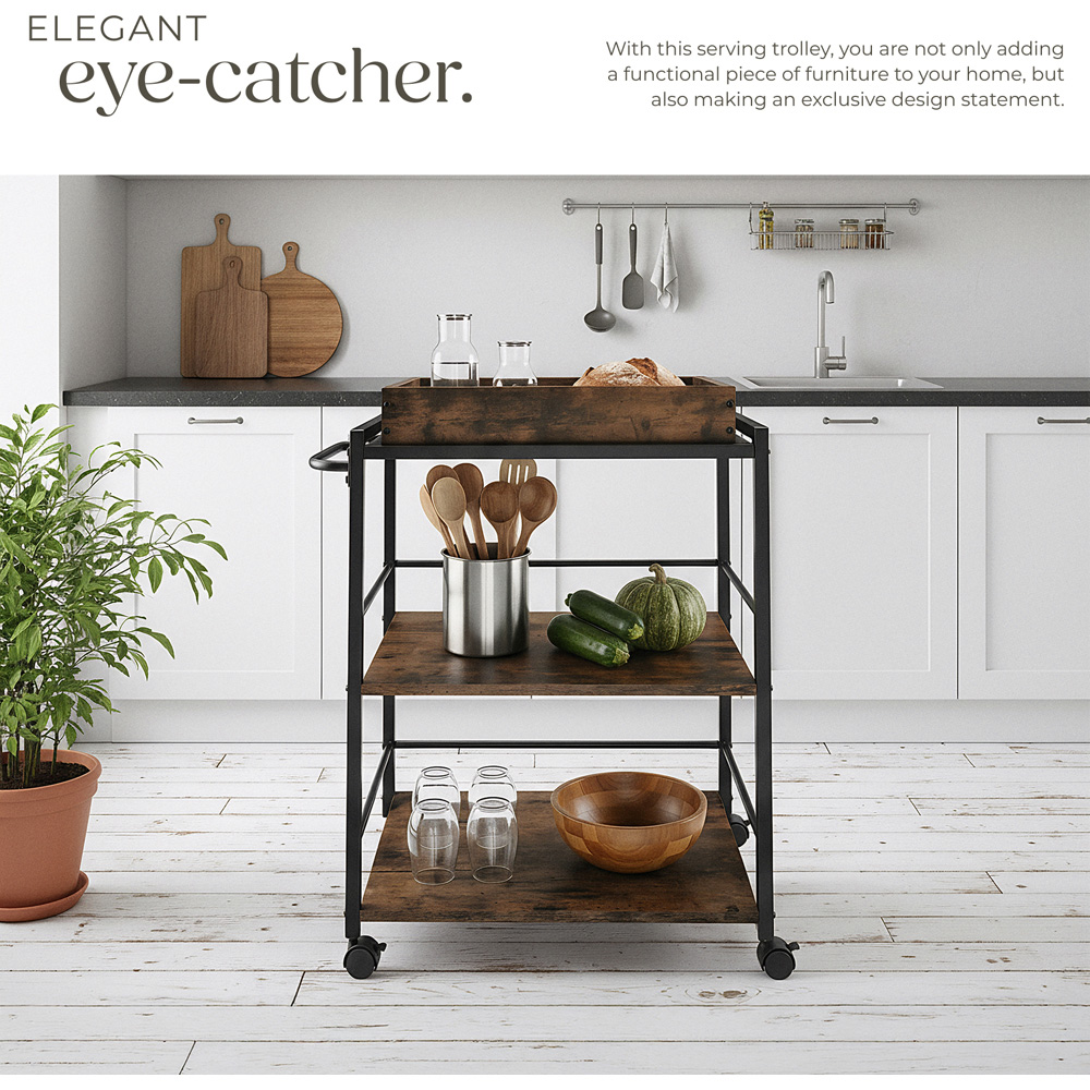 Tectake Worcester 3 Shelf Rustic Dark Wood Drinks Trolley Image 5