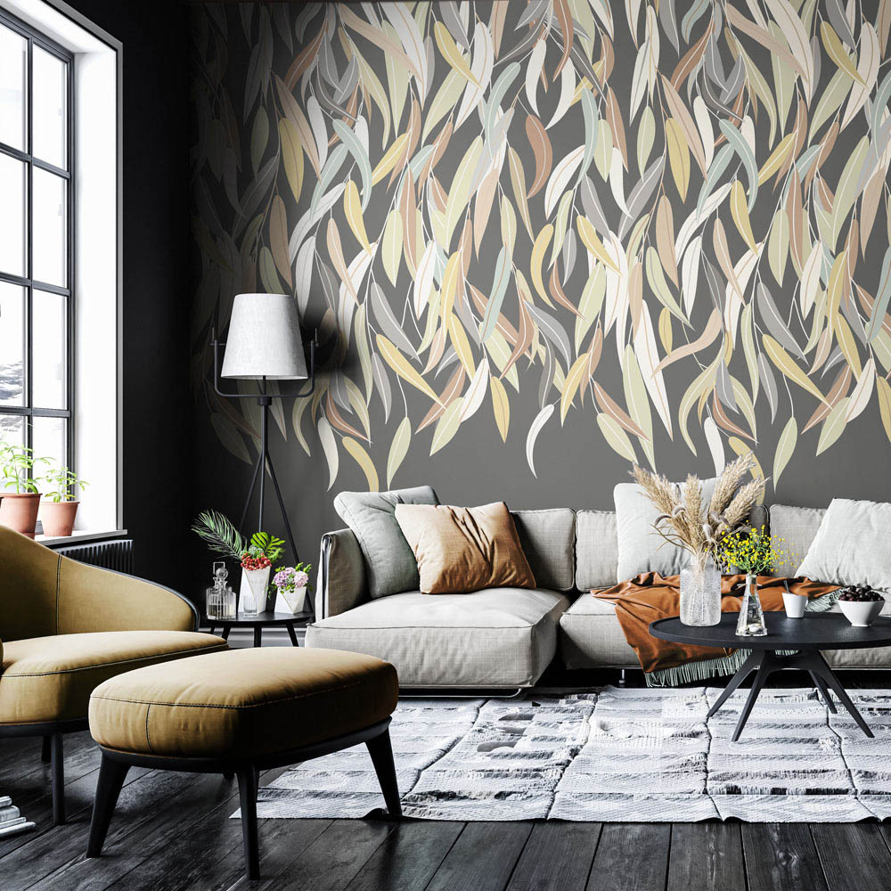 Origin Murals Repeatable Willow Leaf Vine Charcoal and Stone 3 Drop Wall Mural Image 3