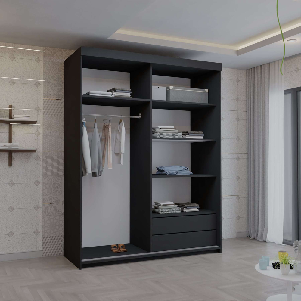 Sliding Wardrobes 4U Smart 2 Sliding Door Black Full Length Mirrored Wardrobe 150cm Image 4