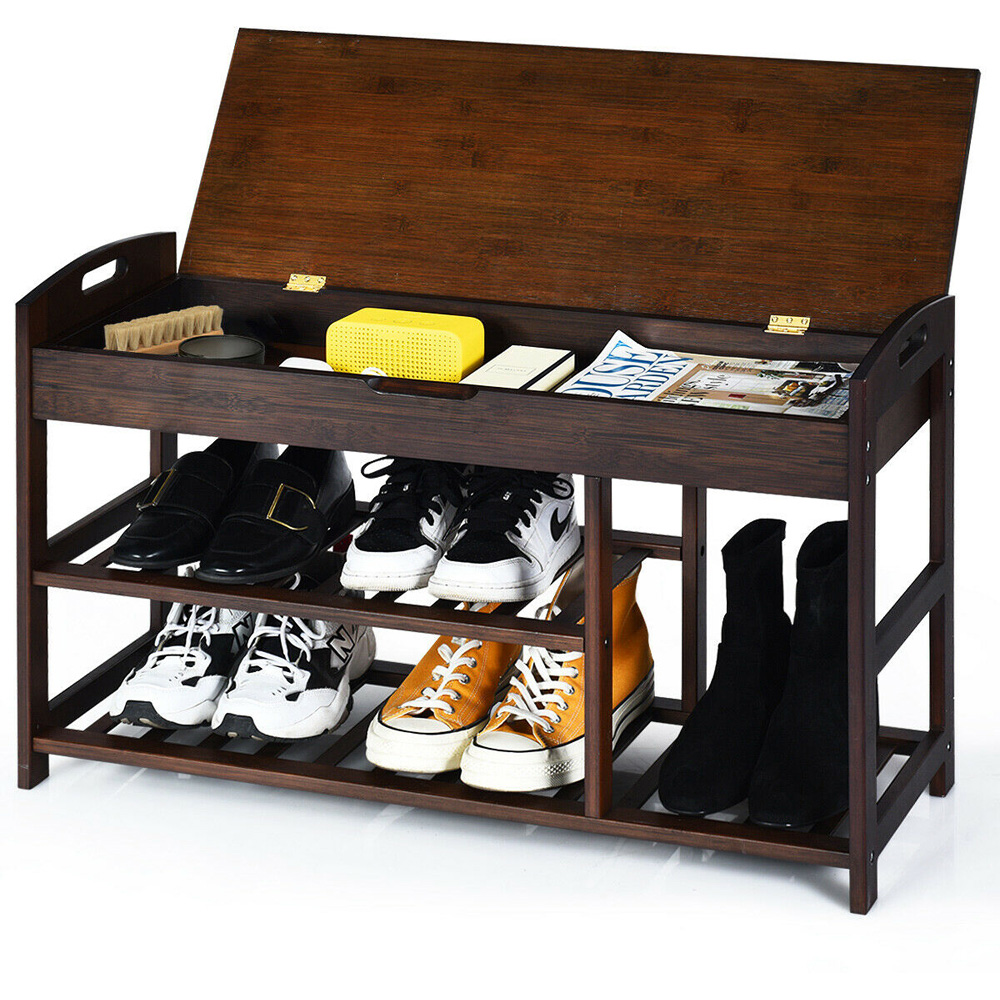 Costway 3 Shelf Bamboo Boot Storage Bench Image 4