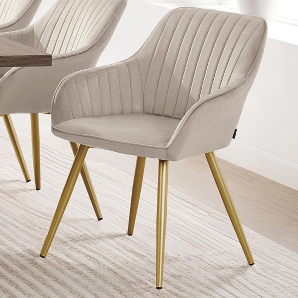 Tectake Marilyn Set of 4 Taupe and Gold Quilted Velvet Continuous Backrest Dining Chair Image 1