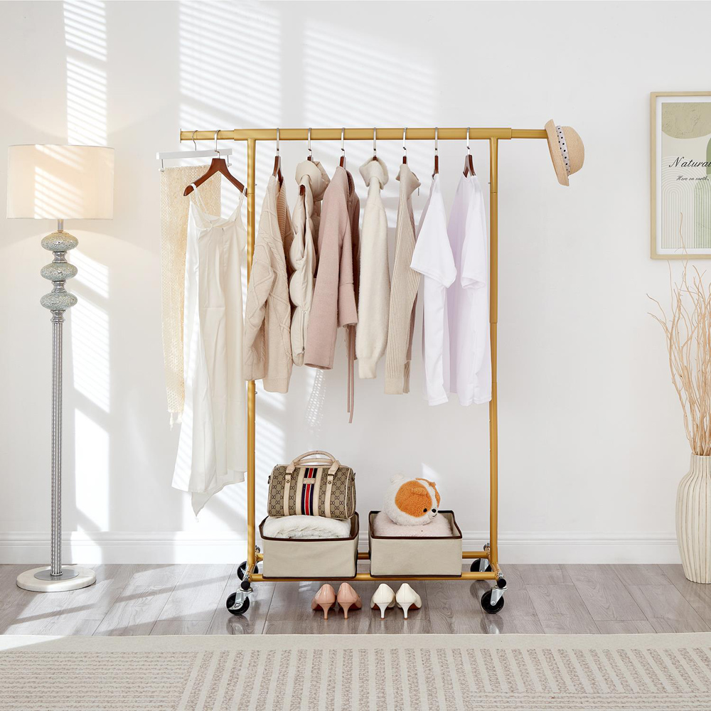 House Of Home Single Shelf Gold Heavy-Duty Adjustable Rolling Clothes Rail Image 2