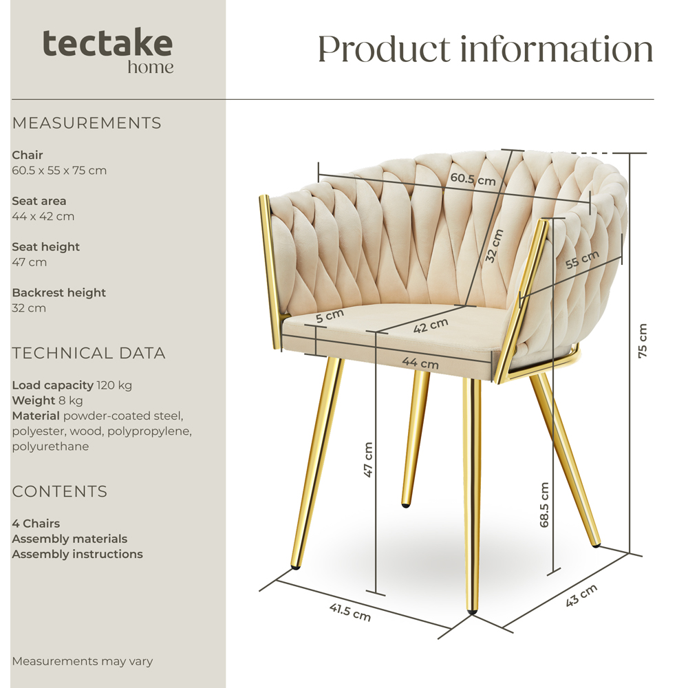 tectake Astano Set of 4 Sand and Gold Velvet Padded Knot Design Dining Chair Image 9