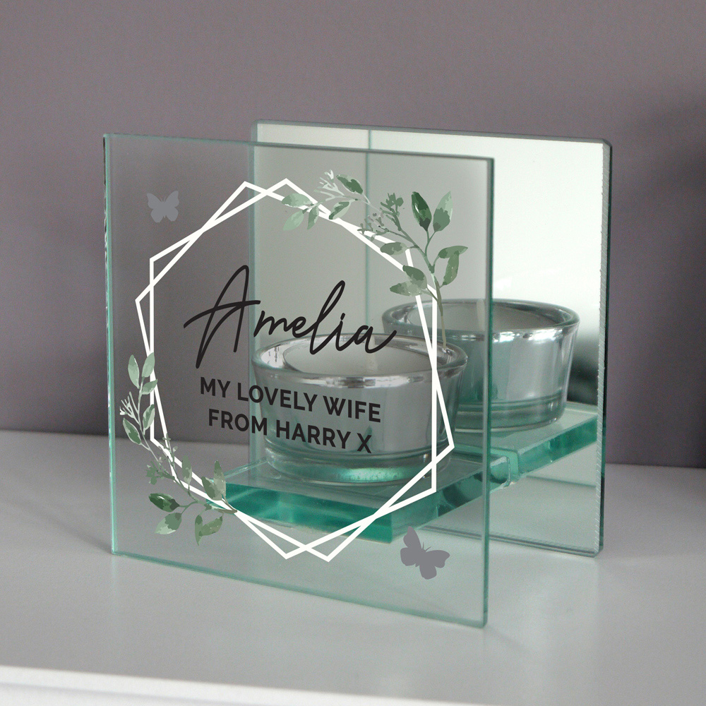 Personalised Memento Personalised Botanical Mirrored Glass Tea Light Candle Holder Image 4
