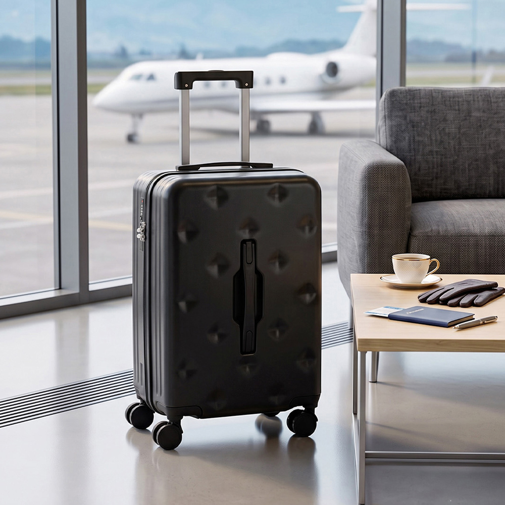 H&O Direct Black ABS Hard Shell Suitcase with Cup Holder USB Port and Stickers 20 inch Image 2