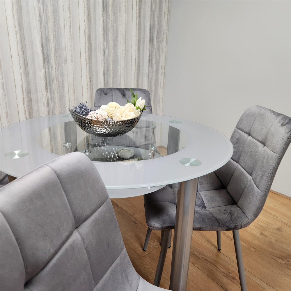 Portland Rocco 4 Seater Round Glass Velvet Dining Set Grey Image 6