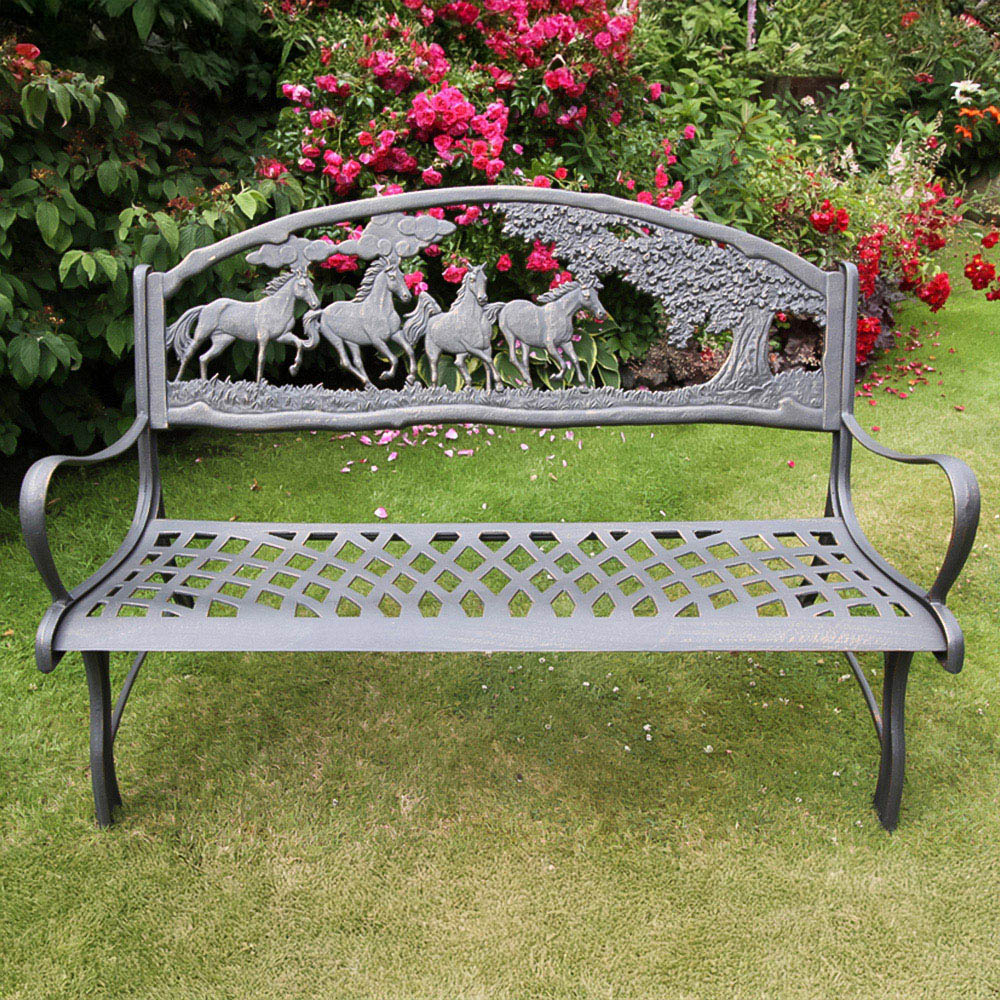 Gardeco 2 Seater Horses and Tree Motif Black and Bronze Patina Cast Iron Bench Image 1