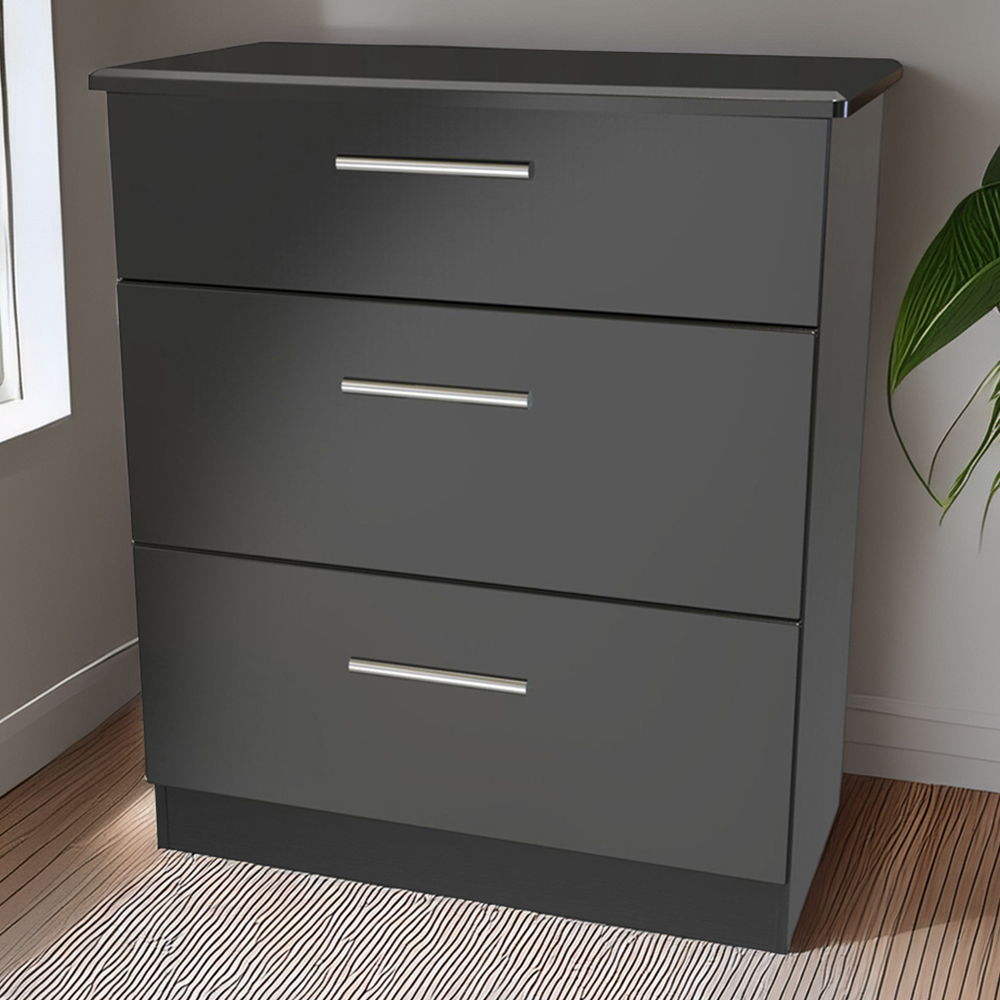 Crowndale Knightsbridge 3 Drawer Black Gloss and Black Deep Chest of Drawers Ready Assembled Image 1