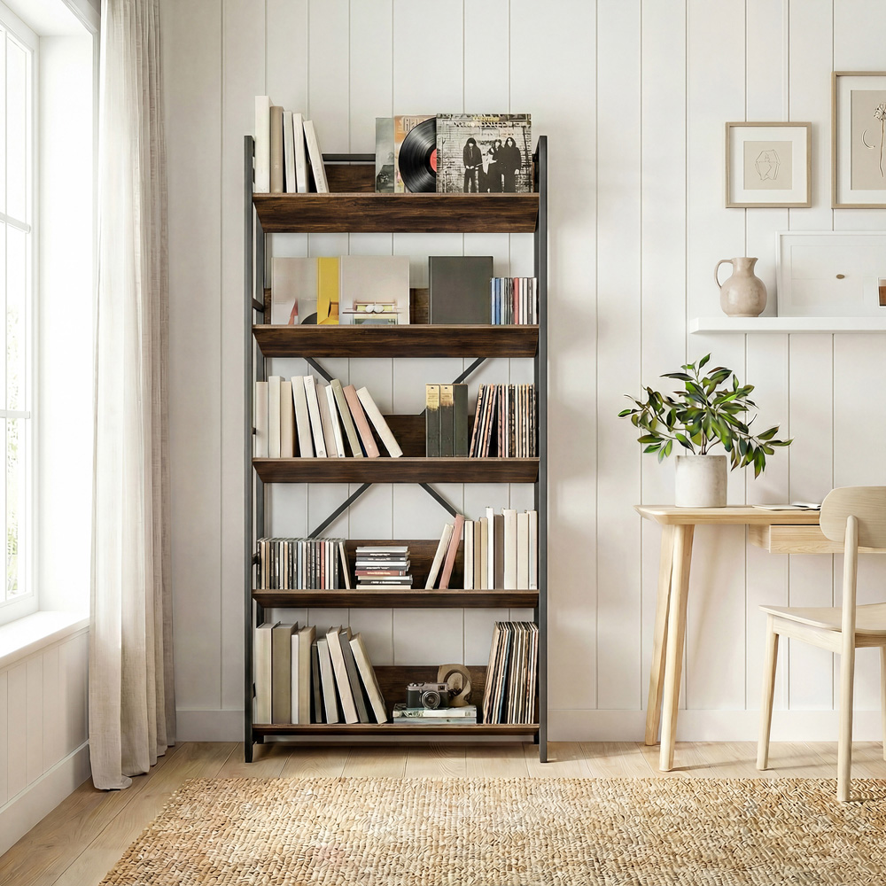 Portland 5 Shelf Rustic Brown Anti Slip Bookcase Image 2