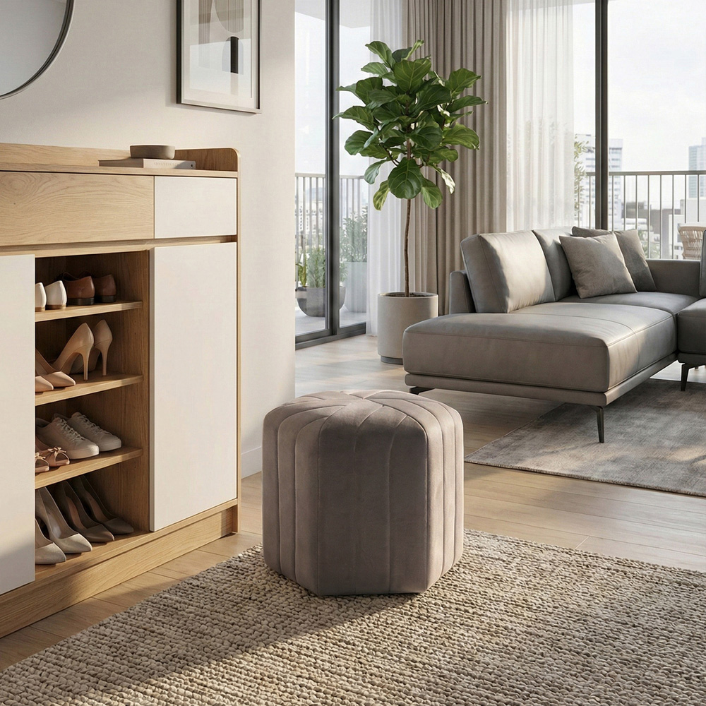 Living and Home Grey Minimal Hexagonal Velvet Footstool Ottoman with Stripes Image 3