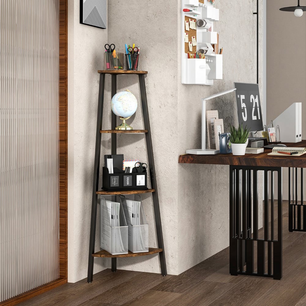 Costway 4 Shelf Rustic Brown Corner Ladder Bookcase Image 5