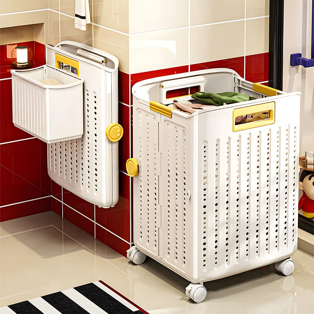Living and Home Medium White Foldable Laundry Basket with Hanging Basket and Castors Image 2