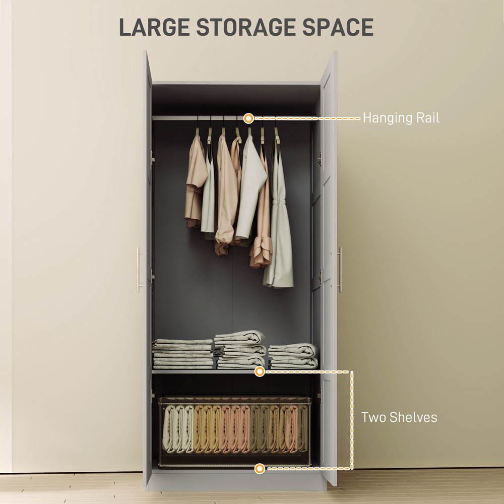 Portland 2 Door Grey Double Wardrobe with Hanging Rail Image 8