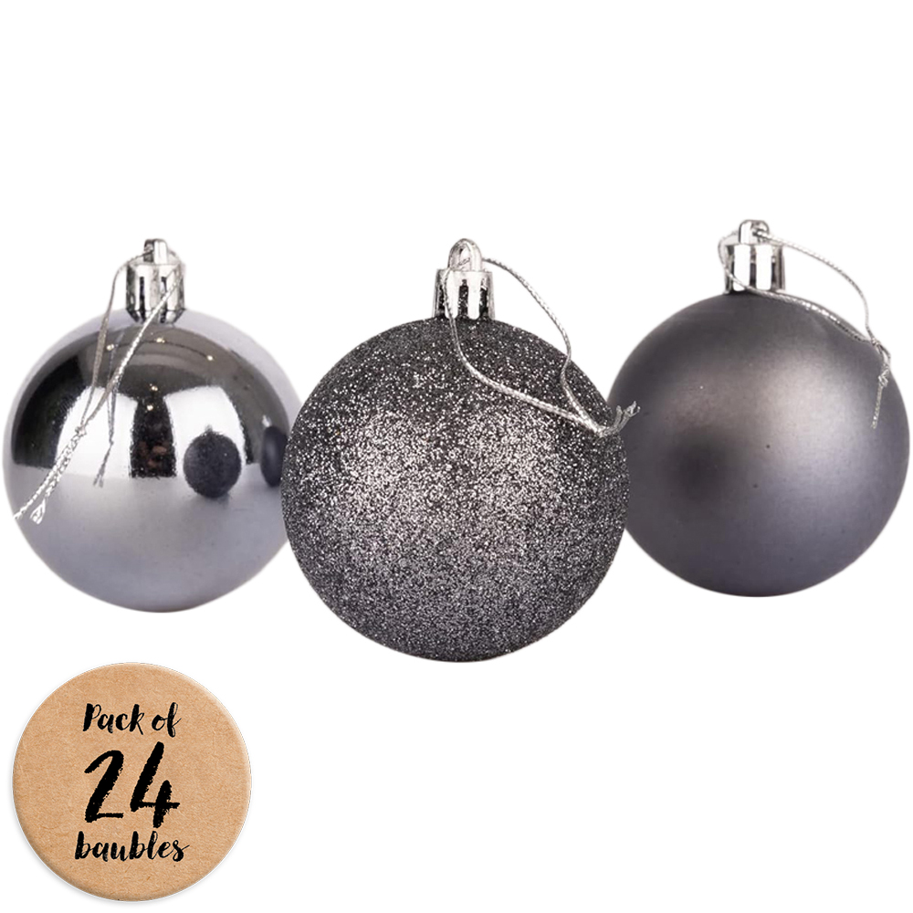 Shatchi 3cm Dark Grey Shatterproof Christmas Bauble 24 Pack Image 1