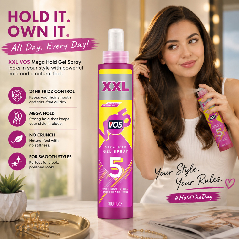 VO5 XXL 72H Slick Styles Long-Lasting Formula Mega Hold Hair Gel Spray 300ml 6 Pack Image 5