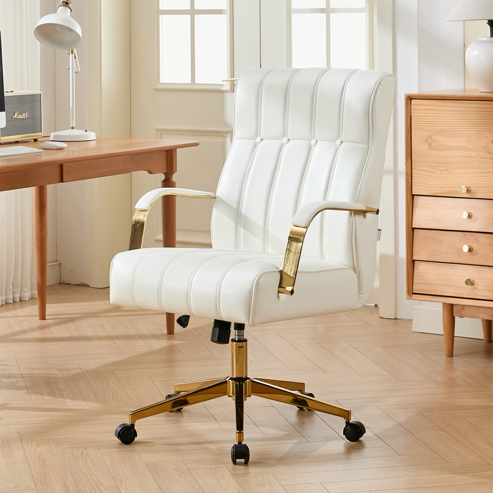 Living and Home Beige PU Leather Vertical Tufting Height Adjustable Swivel Office Chair Image 7
