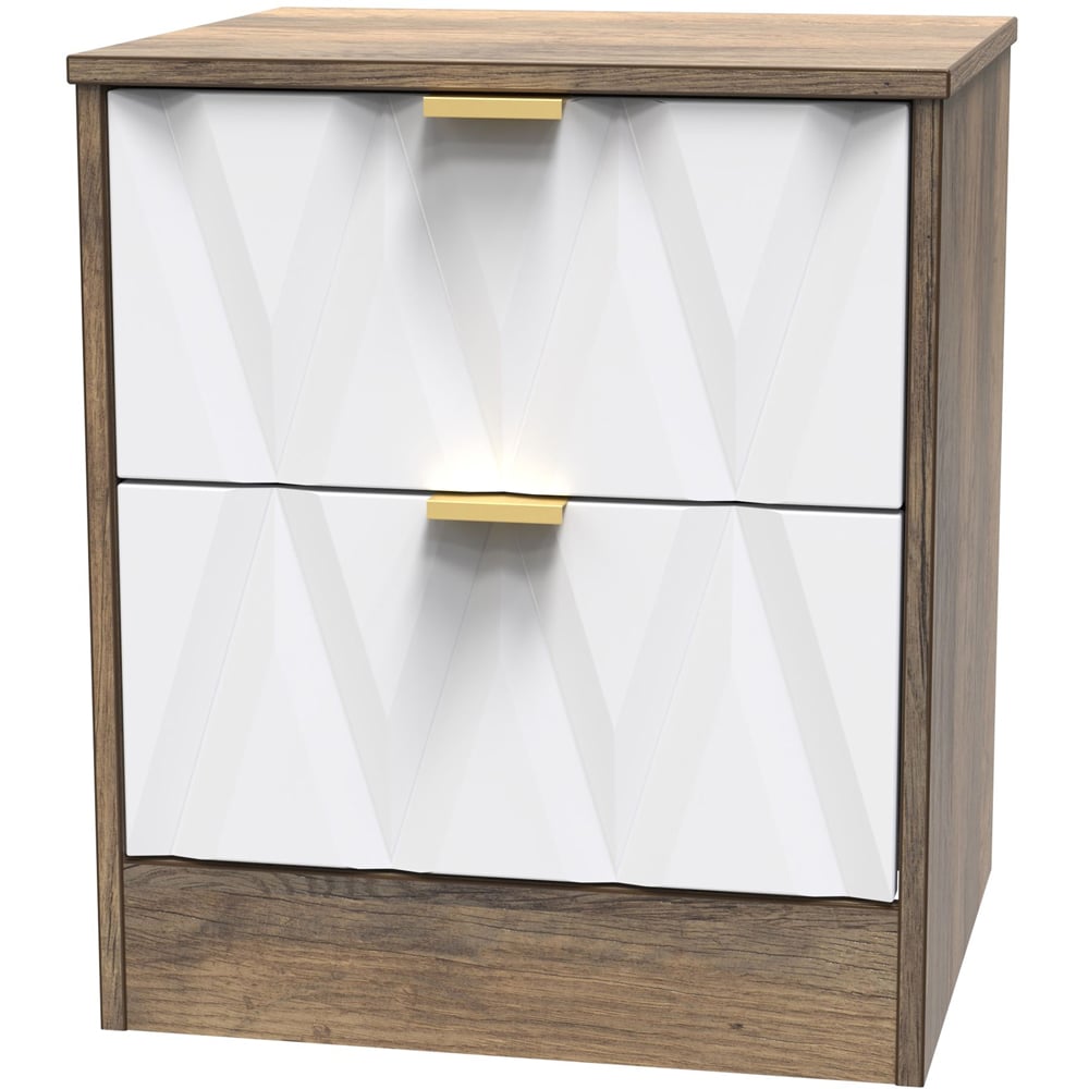 Crowndale Las Vegas 2 Drawer Matt White and Vintage Oak Bedside Table Ready Assembled Image 2