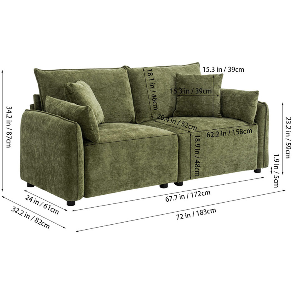 Living and Home 2 Seater Sofa Green Chenille with Throw Pillows Image 9