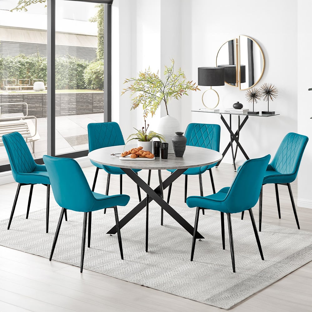 Furniturebox Arona Cesano Concrete Effect 6 Seater Round Dining Set Grey Black and Blue Image 1