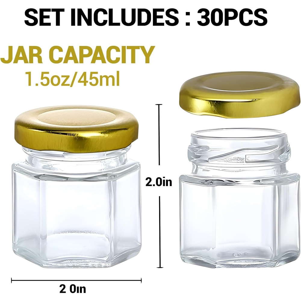 ATEK Clear Mini Hexagonal Glass Jar with Gold Lids 45ml 30 Pack Image 7