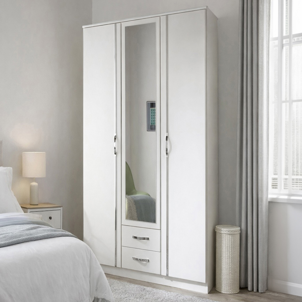 TJ'S Clack 3 Door 2 Drawer White Wardrobe with Mirror Image 1