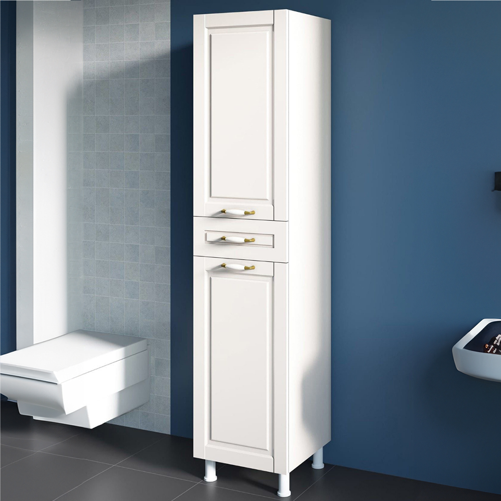 Evu LOUIS 2 Doors Single Drawer White Slim Bathroom Cabinet Image 1