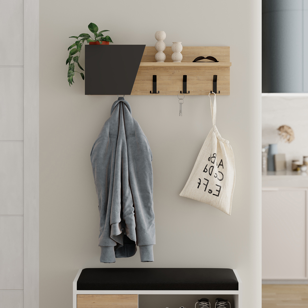 Decortie Eleva Single Shelf Oak and Anthracite Grey Modern Wall Mounted Coat Hanger Image 4