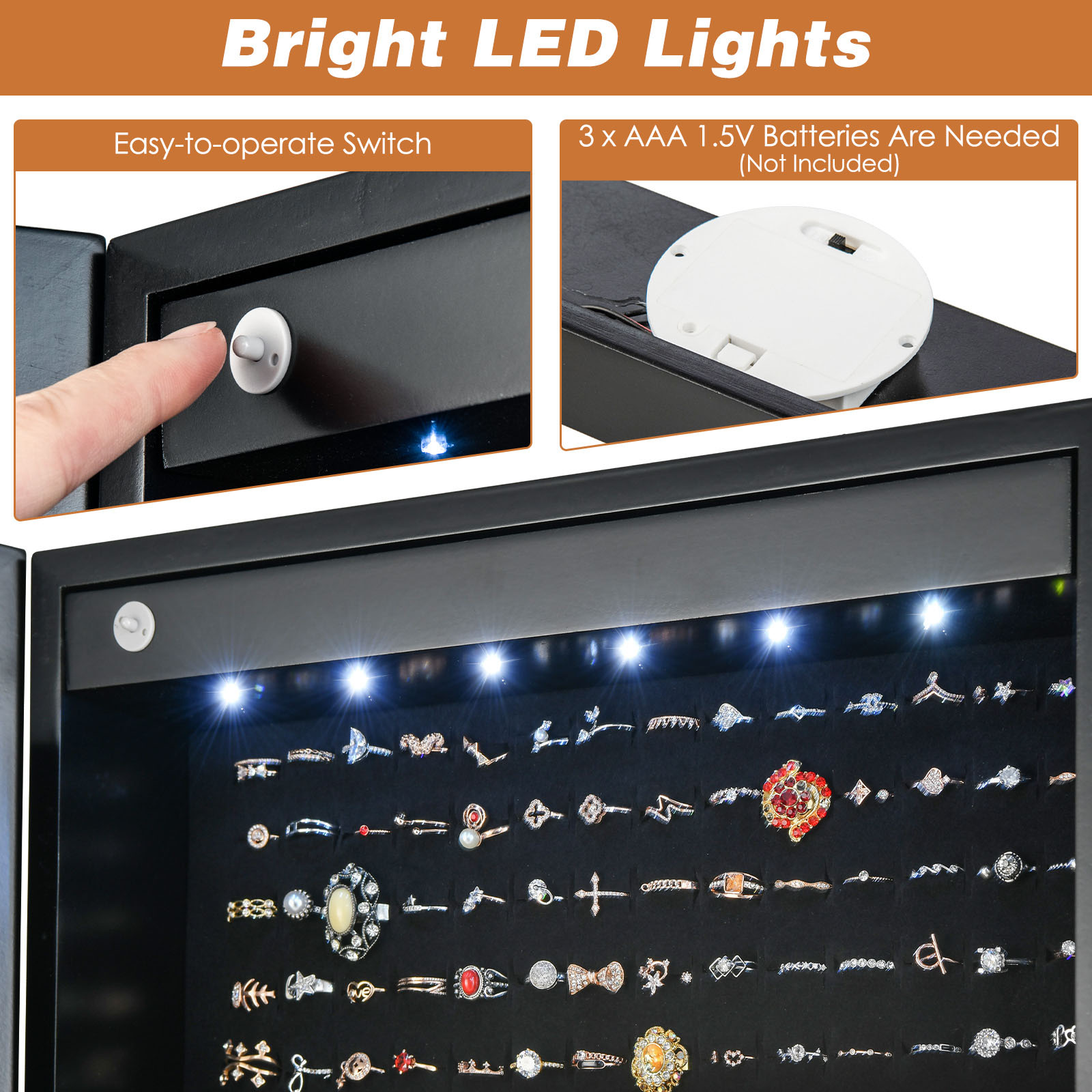Costway 4 Drawer Black Lockable Mirrored LED Jewellery Cabinet Image 5