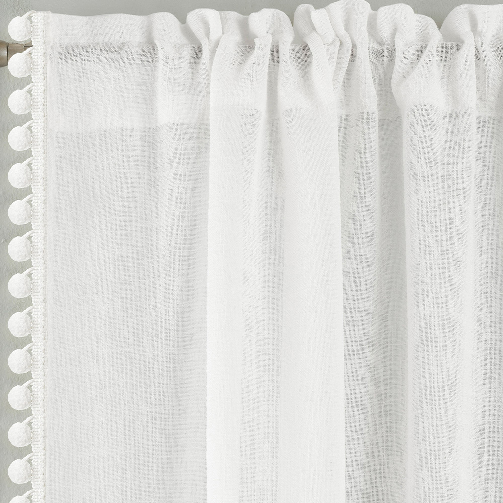 Tyrone Textiles Tahiti White Linen Look Pom Pom Trim Rod Pocket Voile Panel Curtains 140 x 122cm Image 2