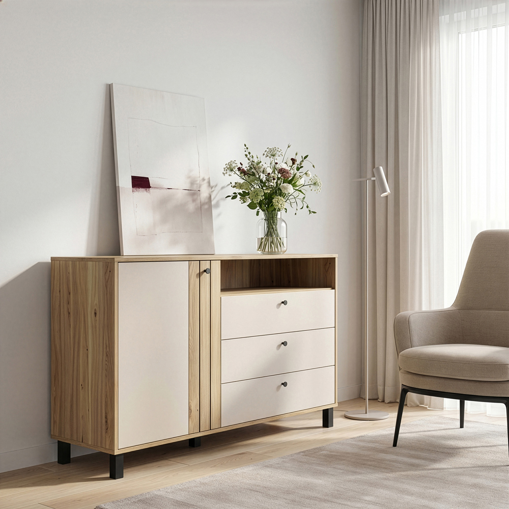 Florence Grafton Single Door 3 Drawer Single Shelf Cream and Oak Sideboard Image 5