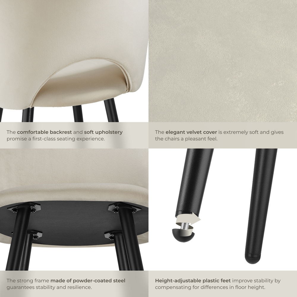 tectake Rachel Cream and Black Velvet Look Bar Stool Set of 4 Image 5