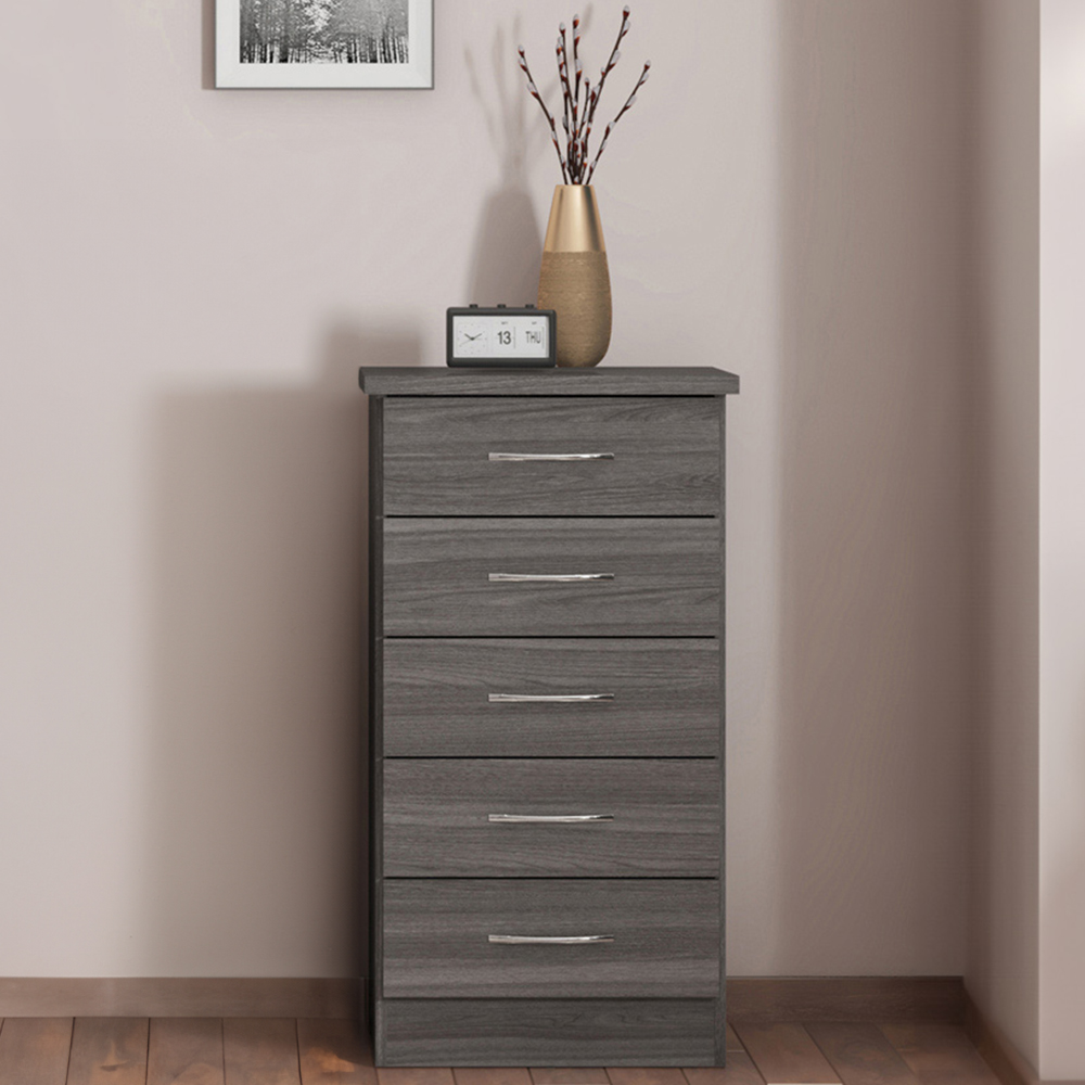 Seconique Nevada 5 Drawer Black Wood Grain Narrow Chest of Drawers Image 1