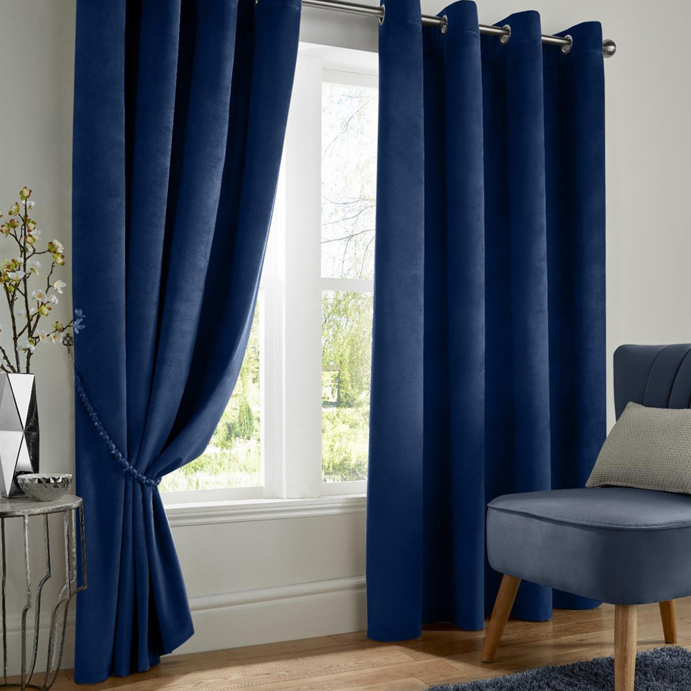 Alan Symonds Blue Velvet Blackout Ring Top Eyelet Curtains 168 x 137cm Image 1