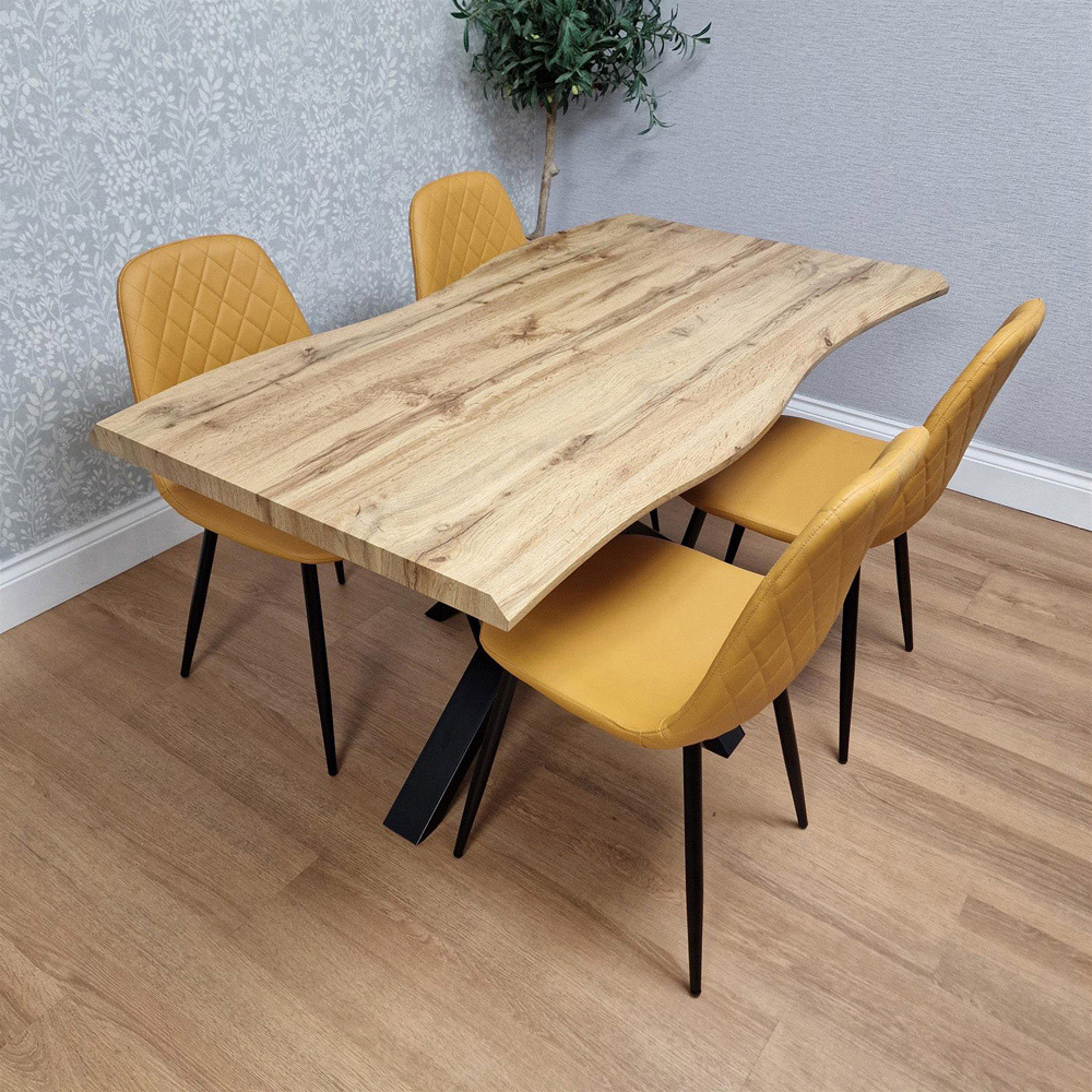 Portland 4 Seater Gem Pattern Faux Leather Wooden Tabletop Dining Set Mustard Image 4