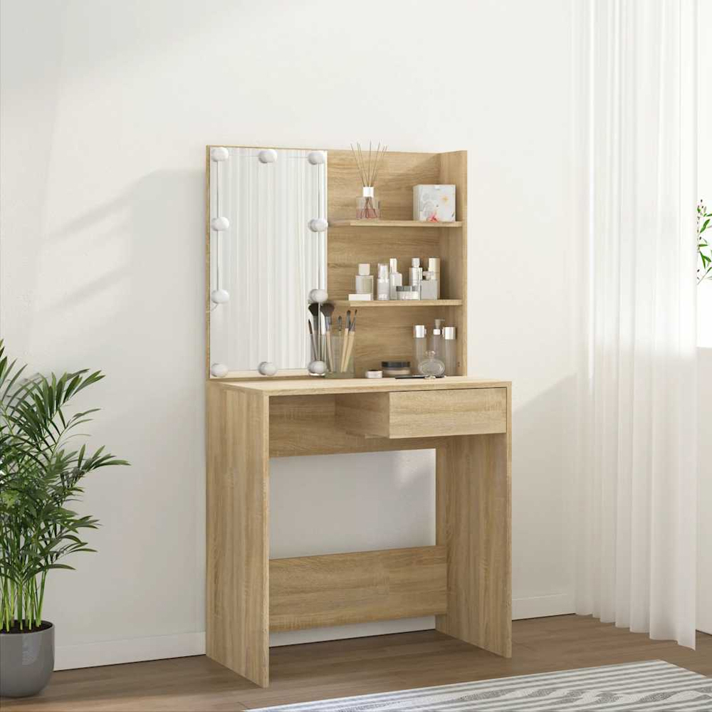 vidaXL Single Drawer 2 Shelf Sonoma Oak Dressing Table with LED Mirror Image 5